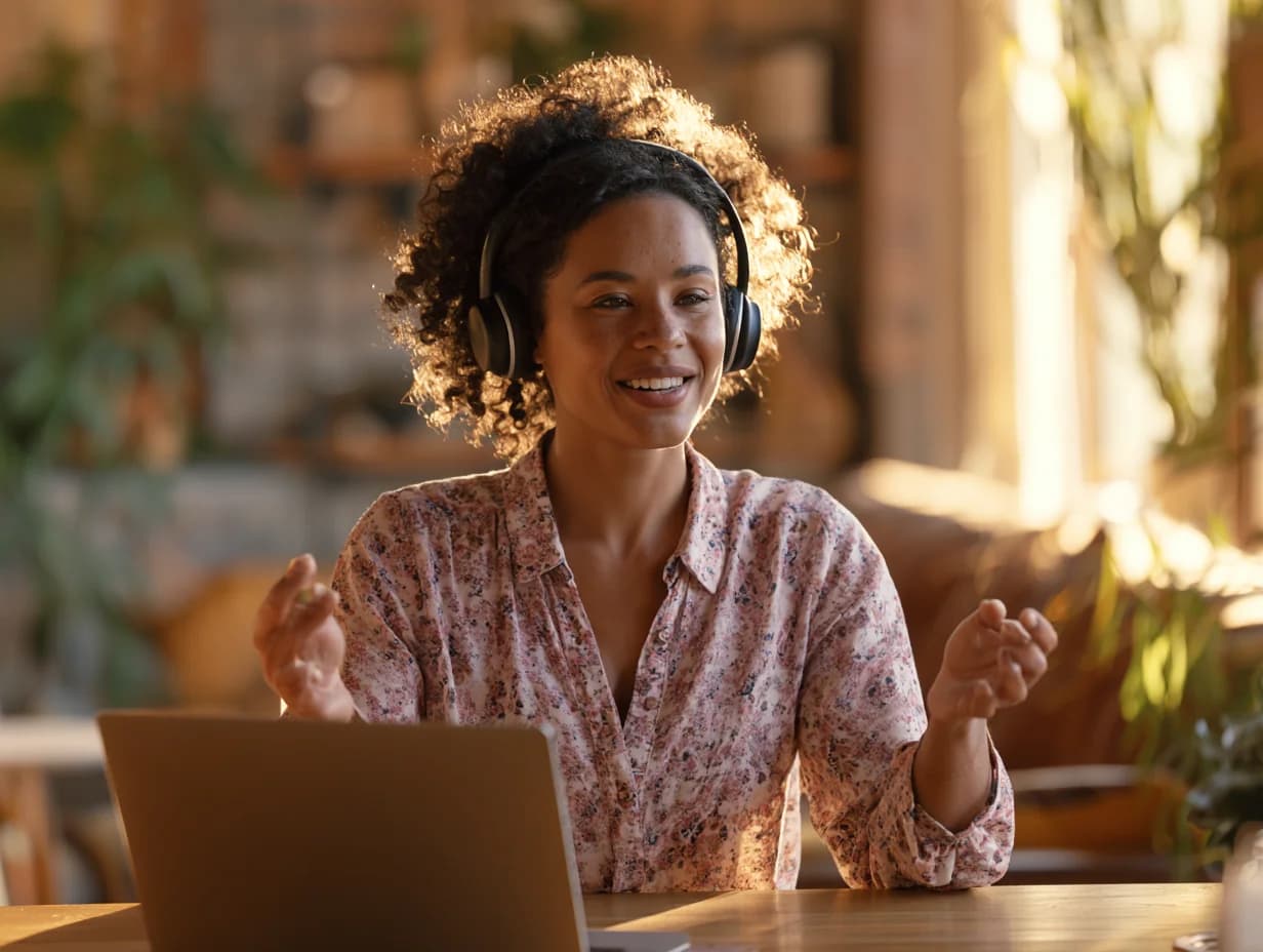 A candidate practicing an interview by voice in a warm home office