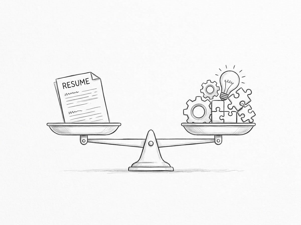 Hand-drawn sketch: a balance scale weighing a résumé against a cluster of gears and a lightbulb representing skills and ideas.
