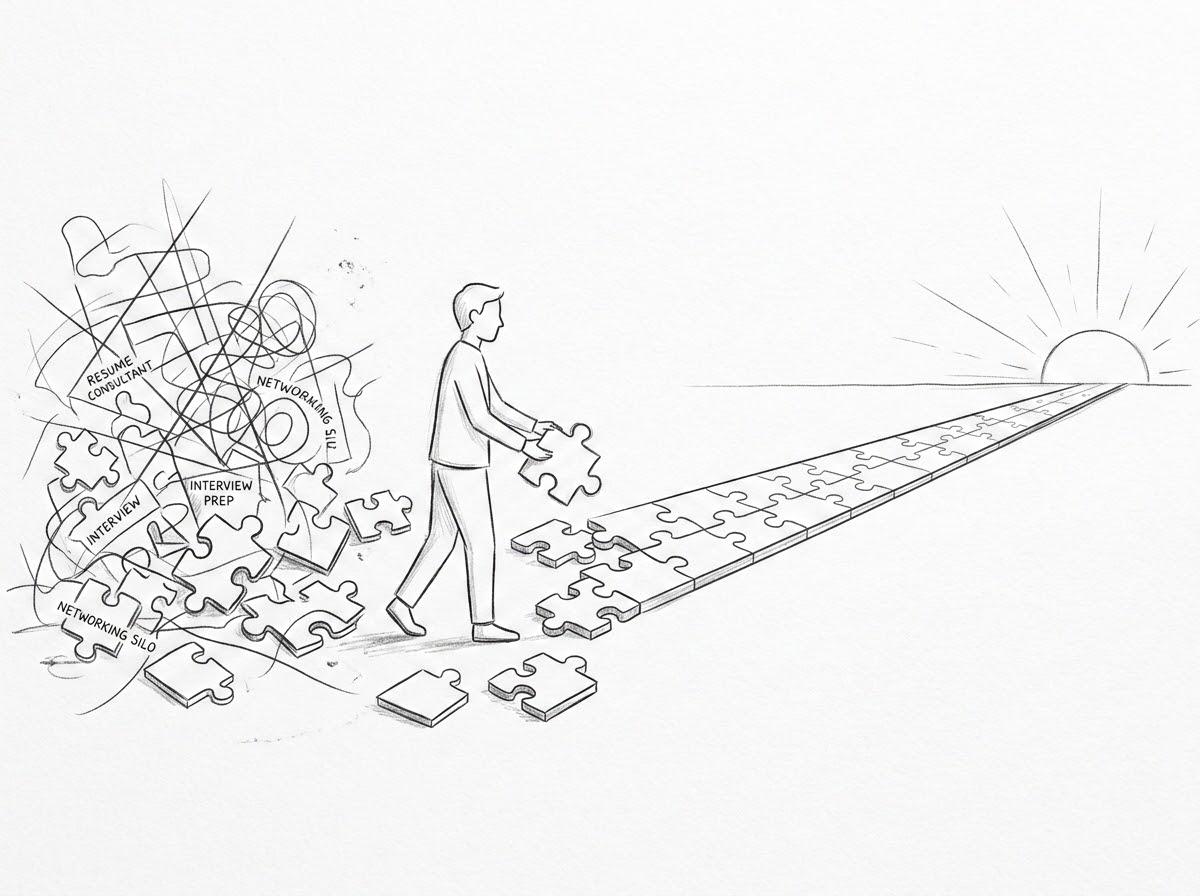 Hand-drawn sketch: a person steps away from a tangle of scattered puzzle pieces labeled résumé consultant, interview prep, and networking silos, onto an orderly path of pieces leading toward a rising sun.