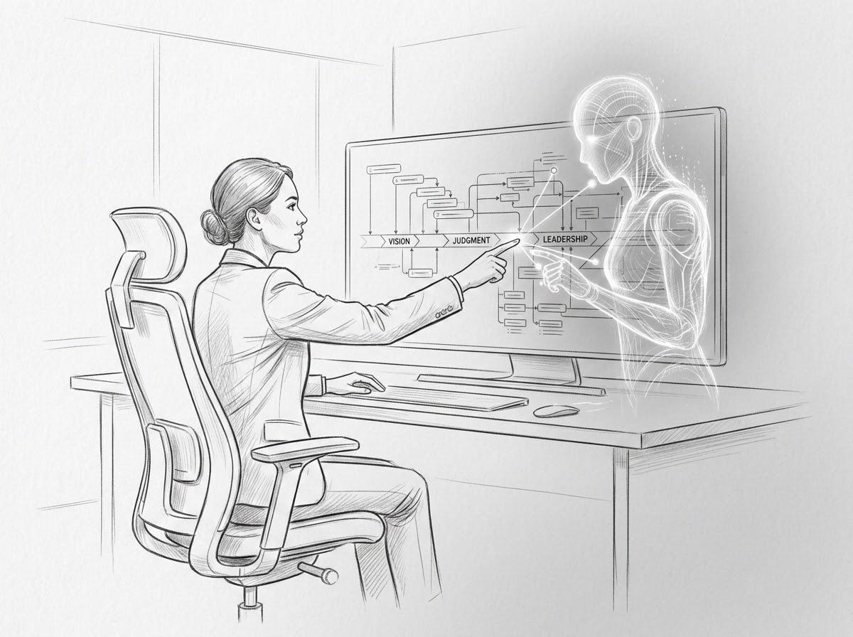 Hand-drawn sketch: a professional at a desk gestures at a screen flowing from vision to judgment to leadership, a translucent AI figure mirroring her.
