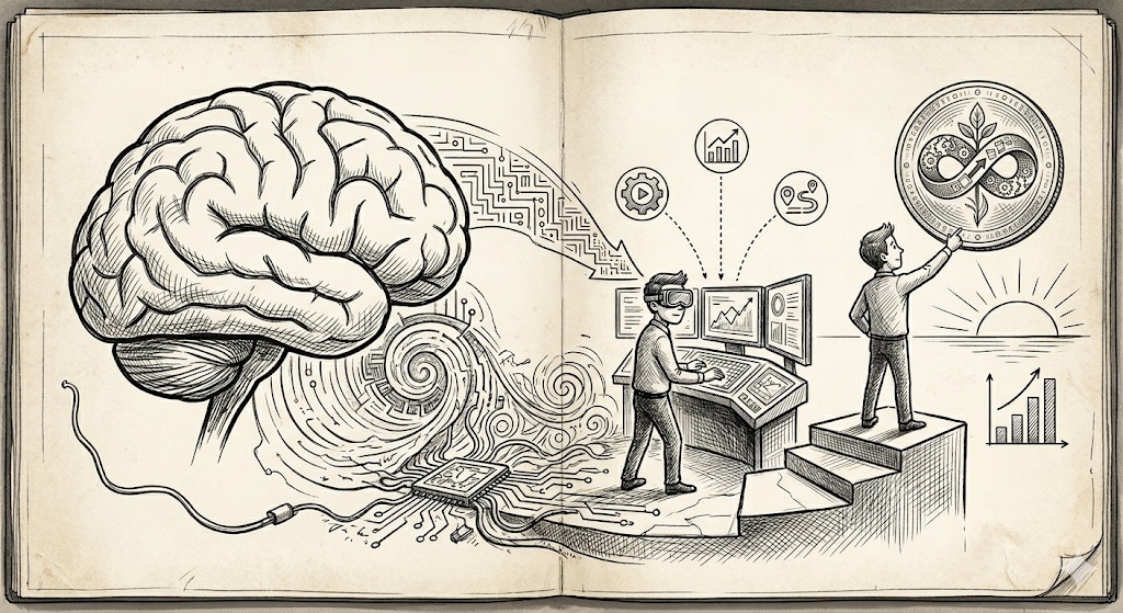 Hand-drawn sketch: an open book where a brain wired with circuitry flows into a person climbing steps toward a glowing coin and a rising bar chart.