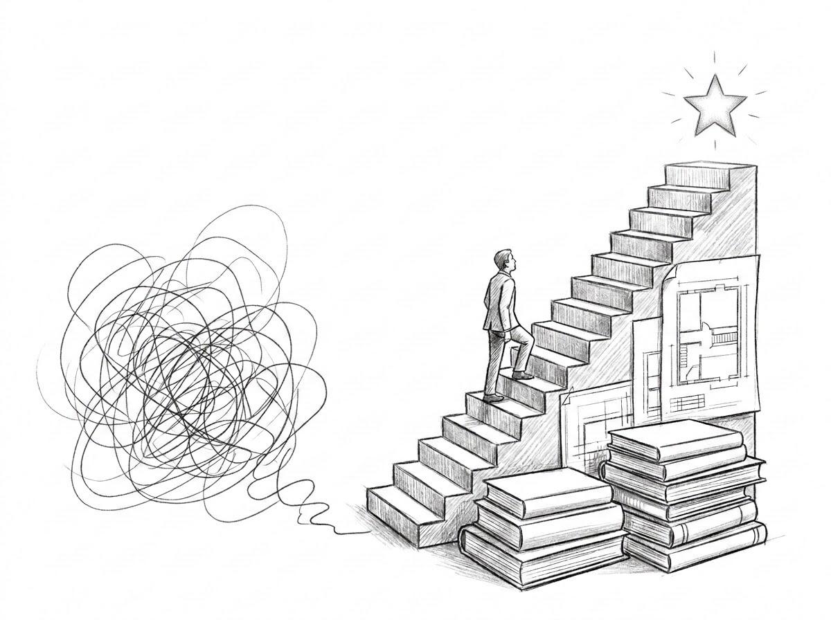Hand-drawn sketch: a tangle of anxious scribbles on the left resolves into an orderly staircase built from stacked books and blueprints, which a figure climbs toward a bright star.