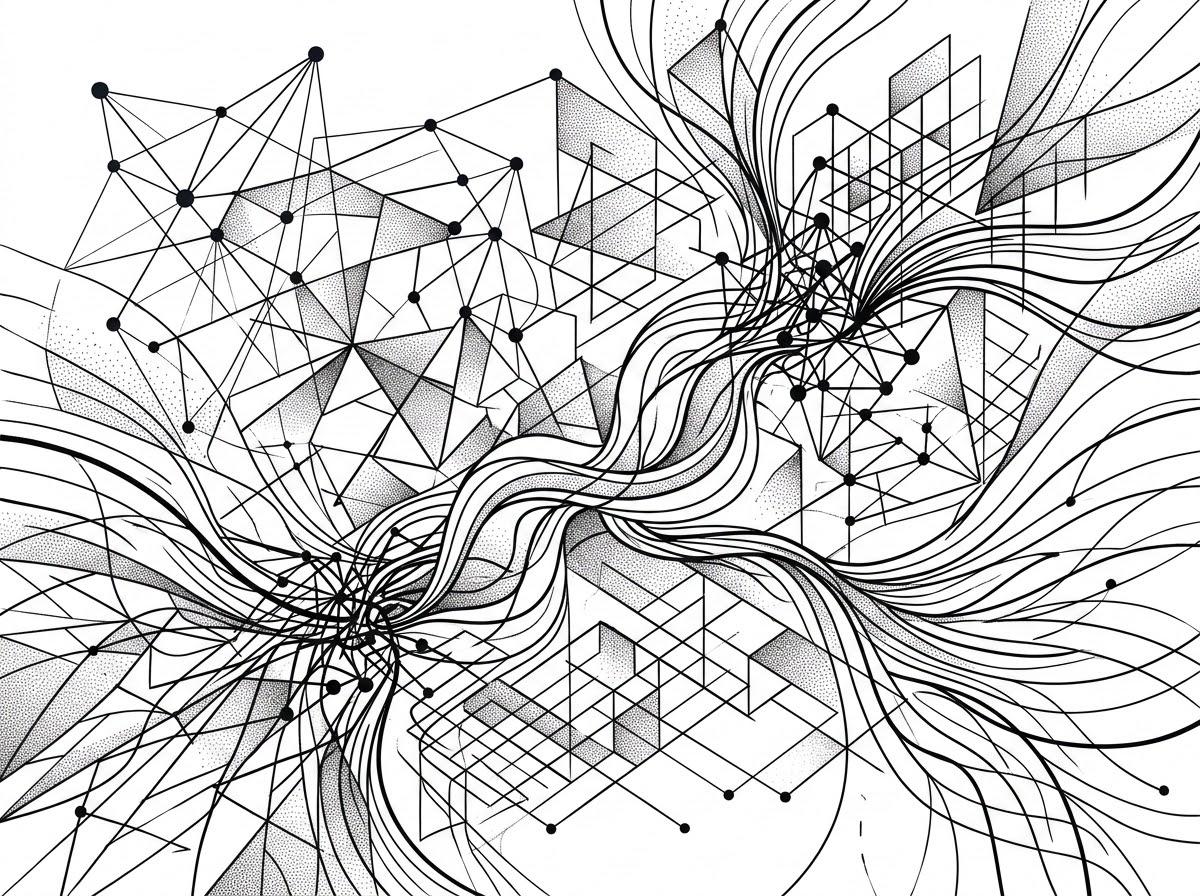 Hand-drawn abstract sketch: dense webs of nodes and lines swirl into two dark vortices, like résumés being pulled into an automated void.